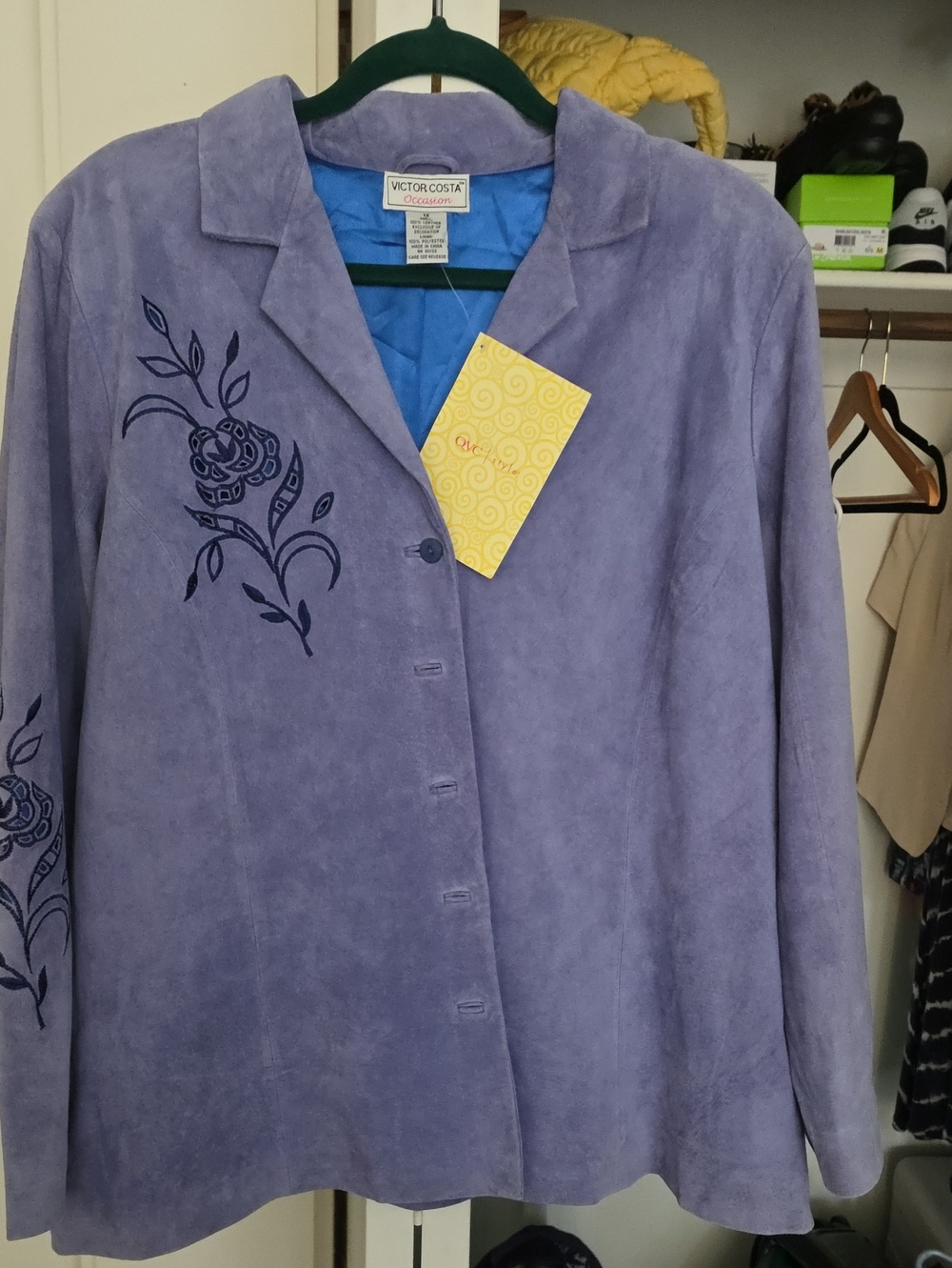 Victor Costa Lavender Suede Floral-Applique Jacket 100% Leather